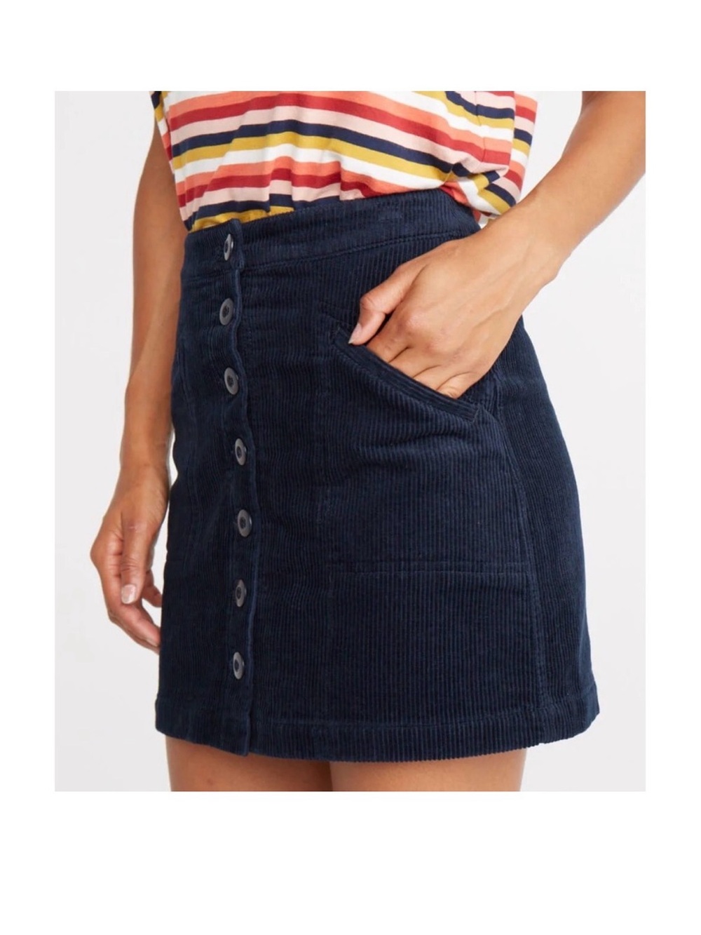 Lands’ End sz 16+ girls navy blue corduroy mini skirt pockets fit ladies Small?